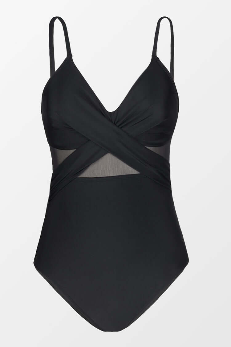 Cross Front Mesh Cut Out One Piece Swimsuit