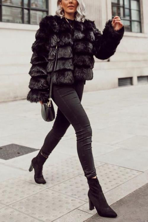 Layer O Neck Faux Fur Coat