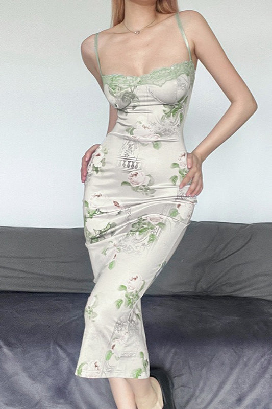 Floral Satin Spaghetti Strap Lace Trim Ruched Midi Dress