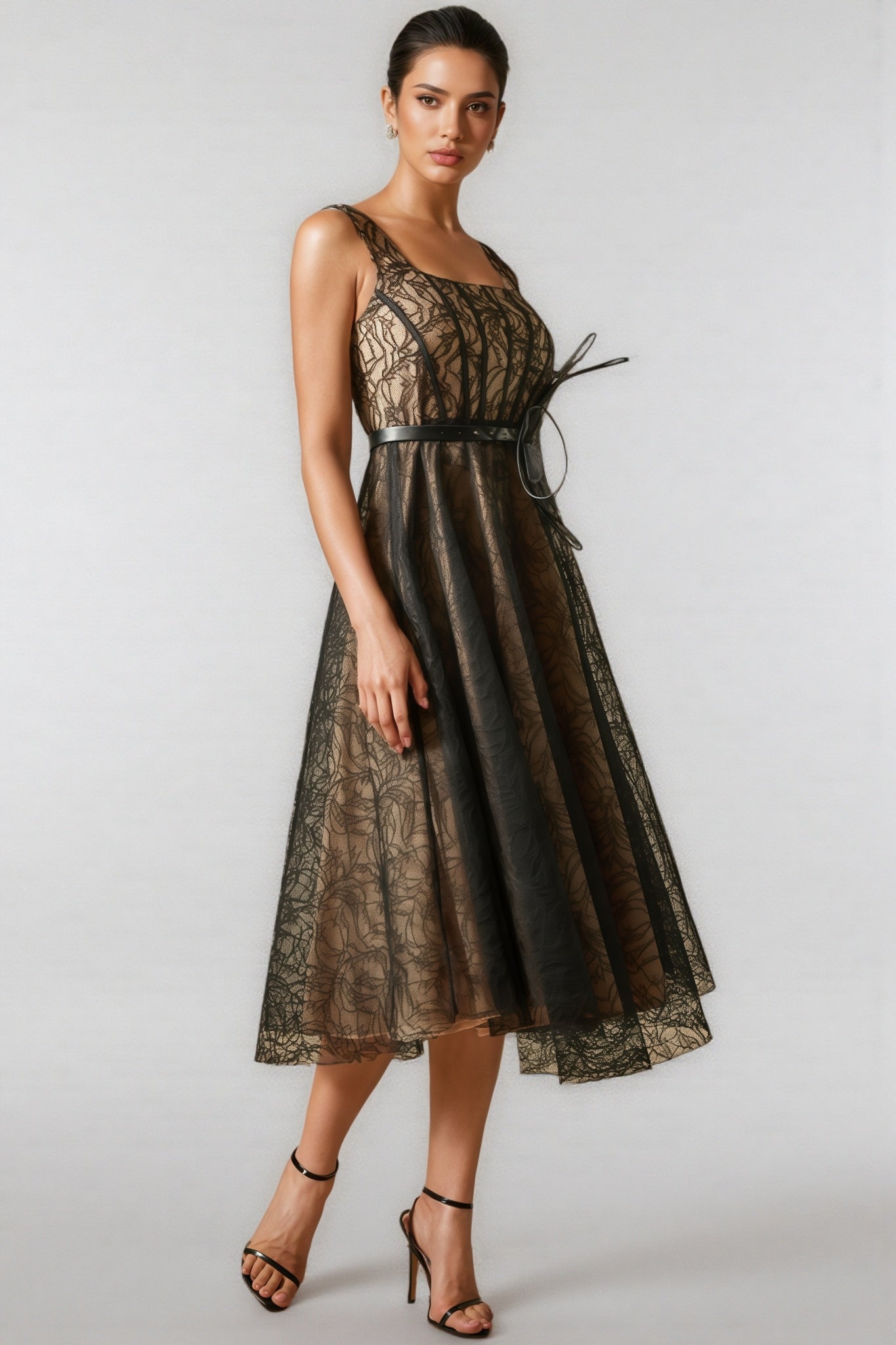 Floral Lace Square Neck Fit and Flare Midi Dress