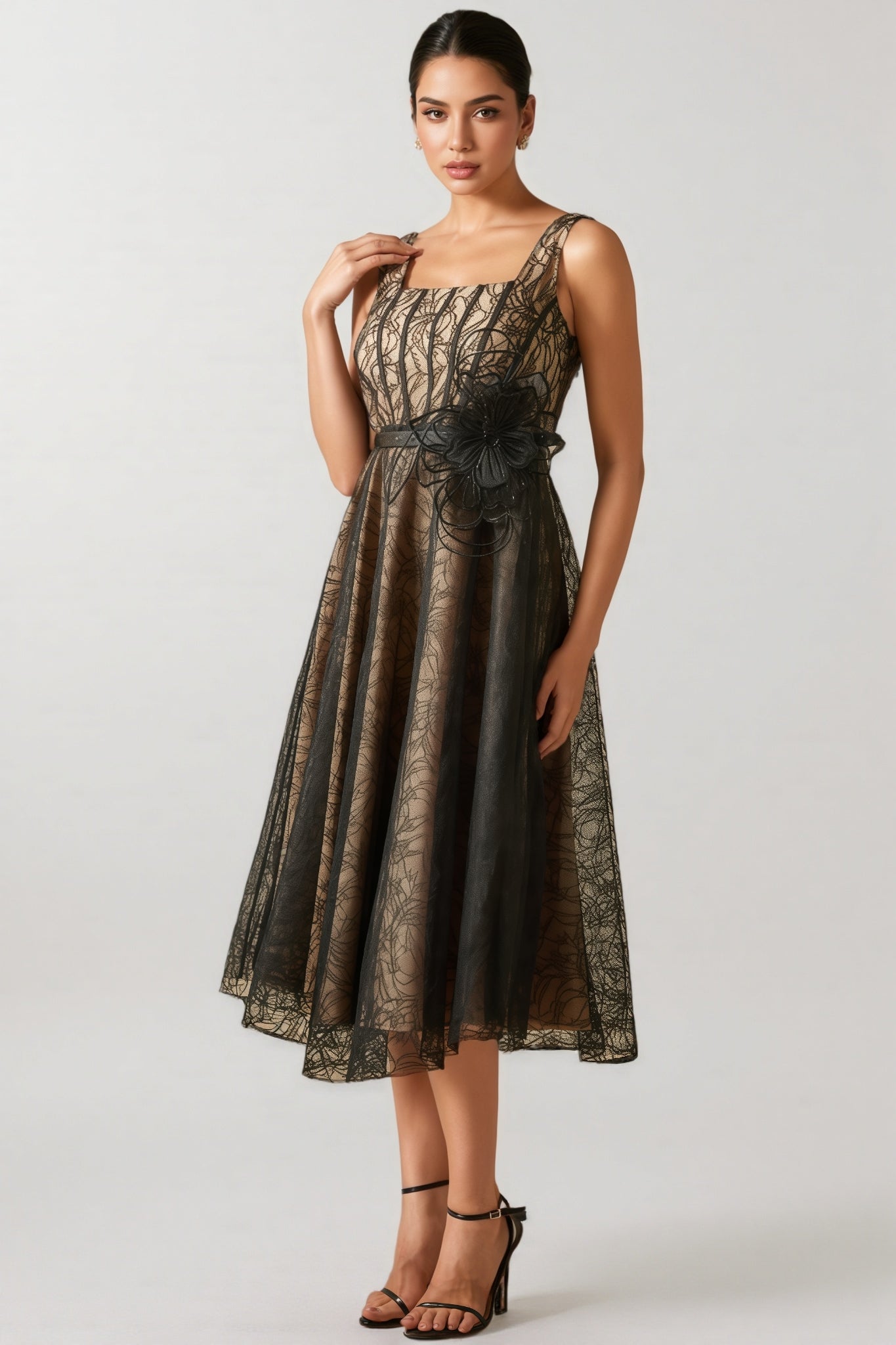 Floral Lace Square Neck Fit and Flare Midi Dress