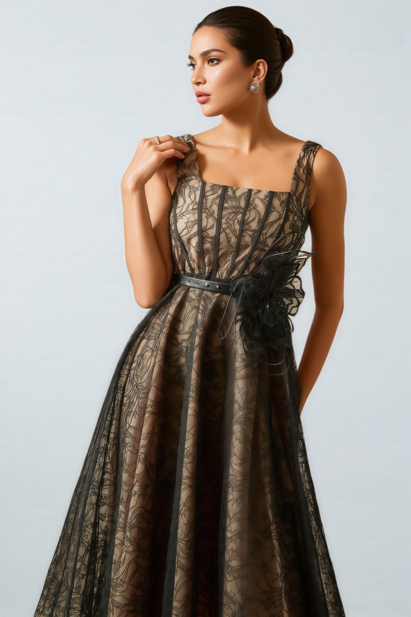 Floral Lace Square Neck Fit and Flare Midi Dress