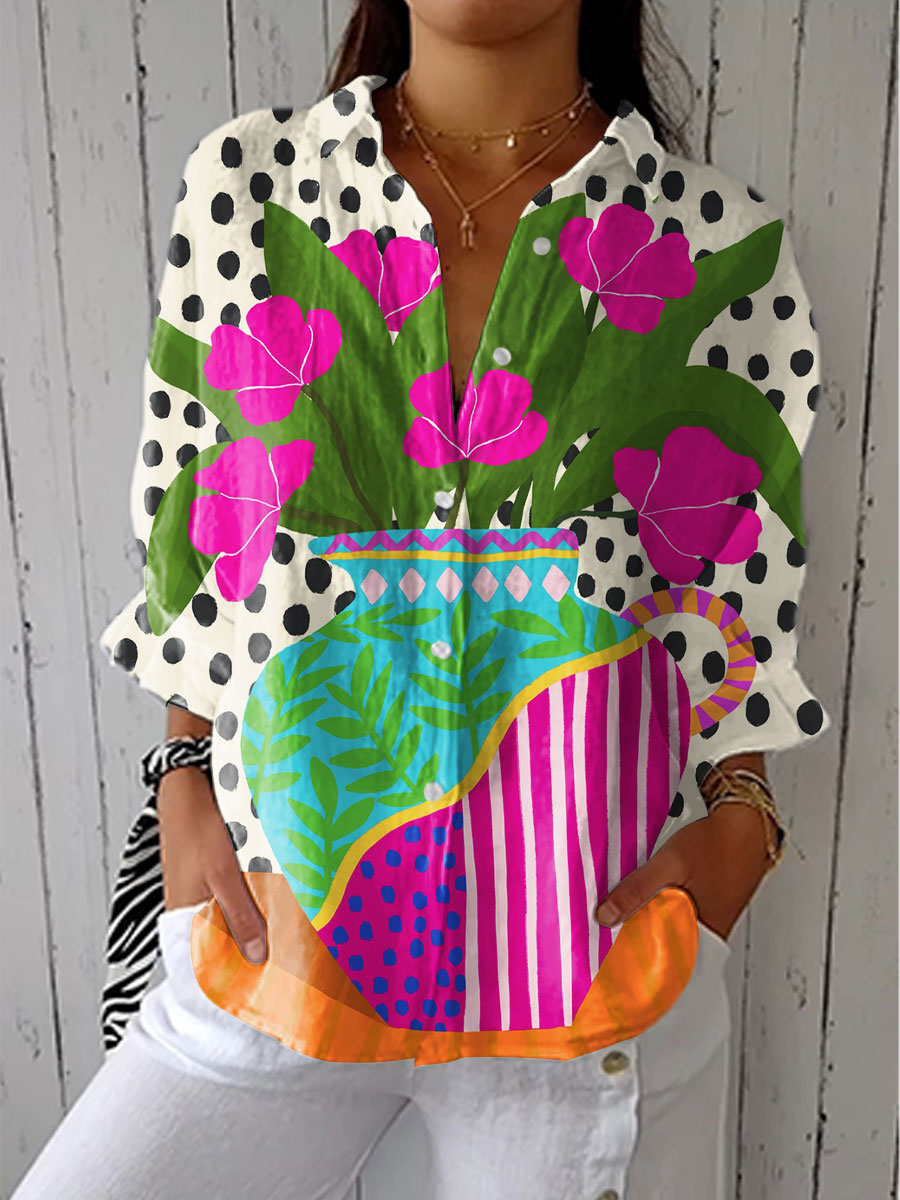 Polka Dot Floral Collared Button Front Oversized Blouse