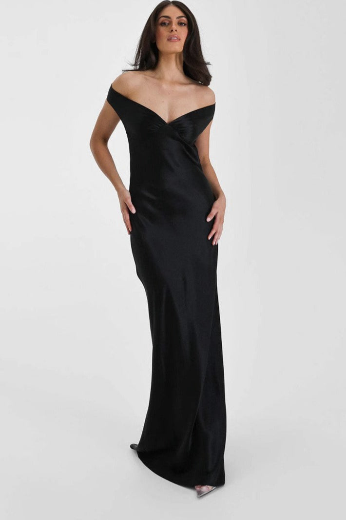Satin Off Shoulder Sweetheart Slip Maxi Dress