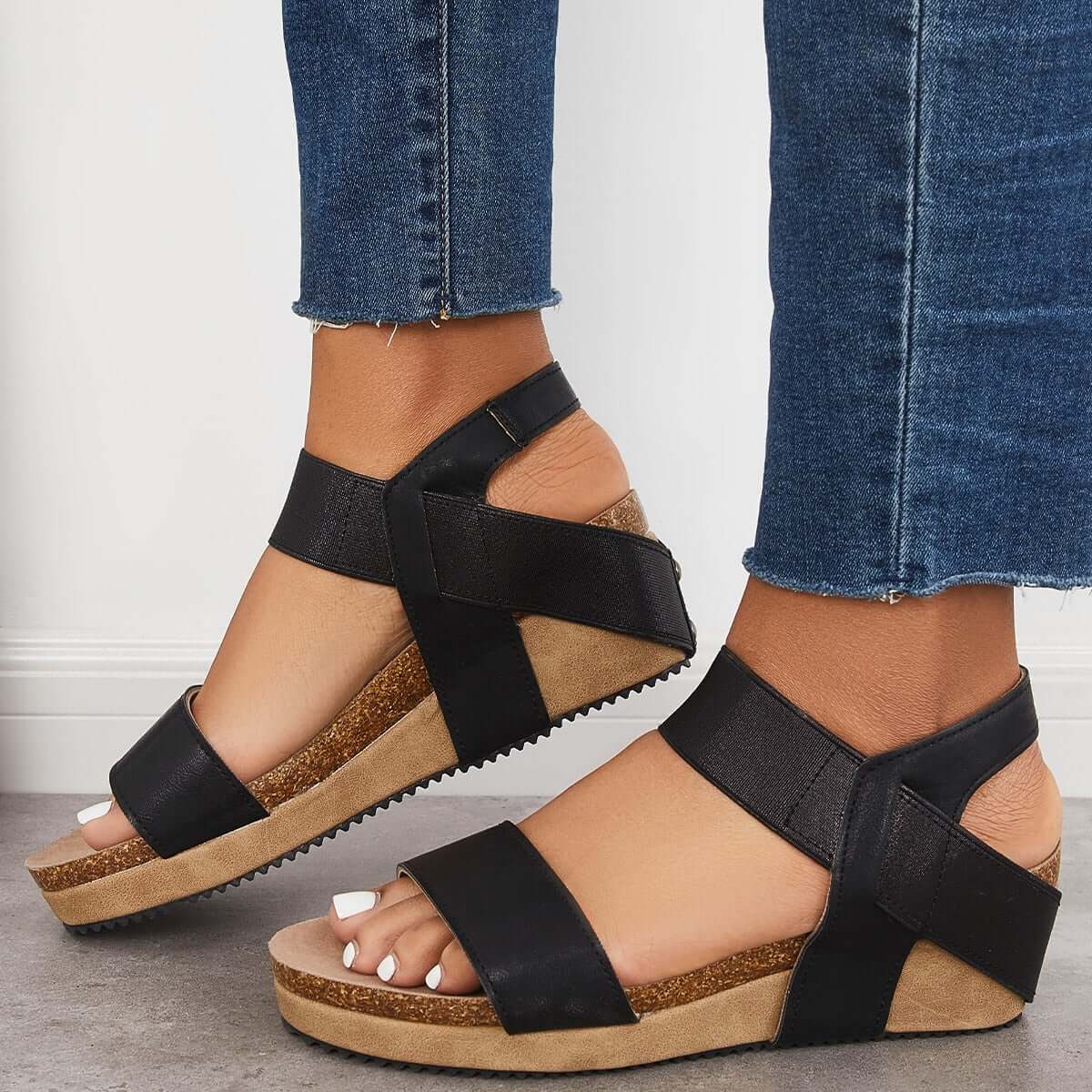 Open Toe Cork Footbed Platform Wedges Ankle Strap Sandals