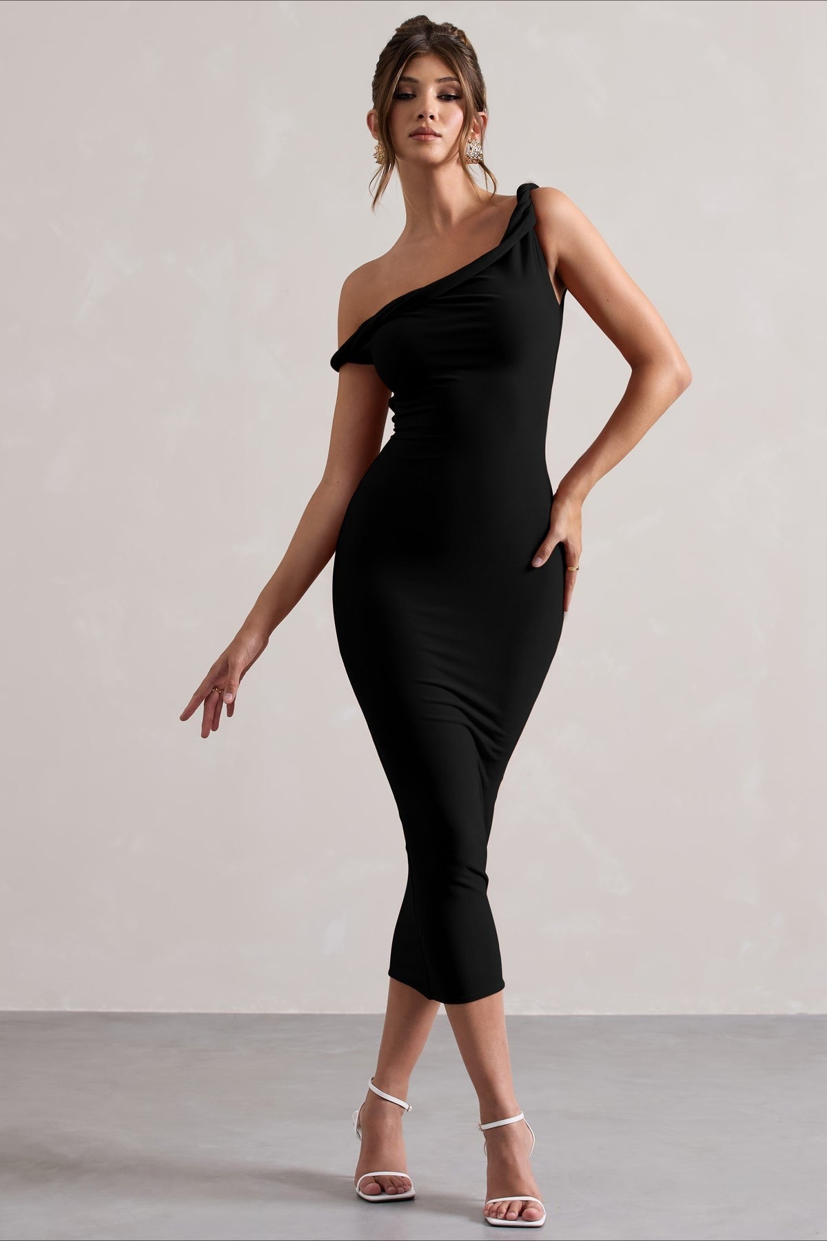 One Shoulder Twist Strap Bodycon Midi Party Dress