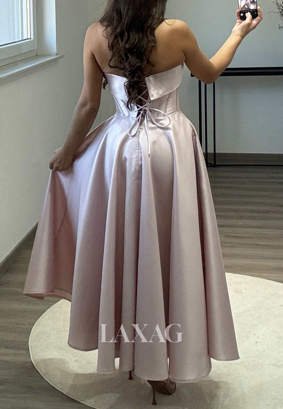 Tube Top Off-Shoulder Sleeveless A-Line Prom Dress Beaded Pleated Satin Midi Evening Gowns
