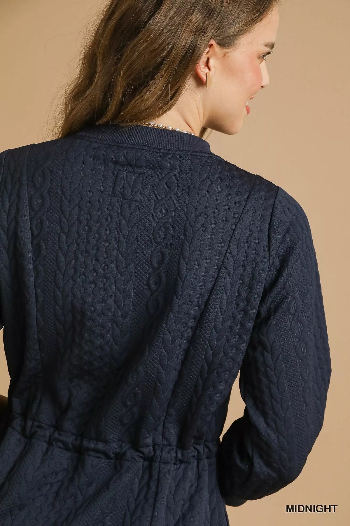 Cable Knit Crew Neck Long Sleeve Drawstring Waist Mini Dress 5