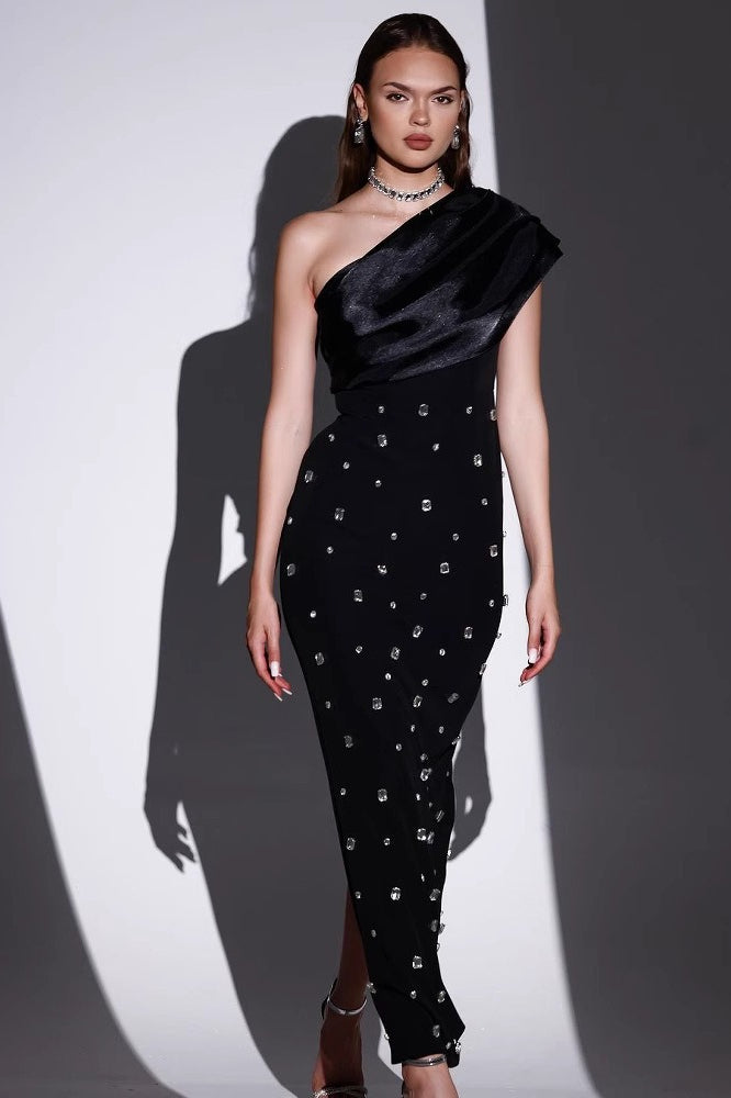 One Shoulder Rhinestone Bodycon Maxi Formal Dress