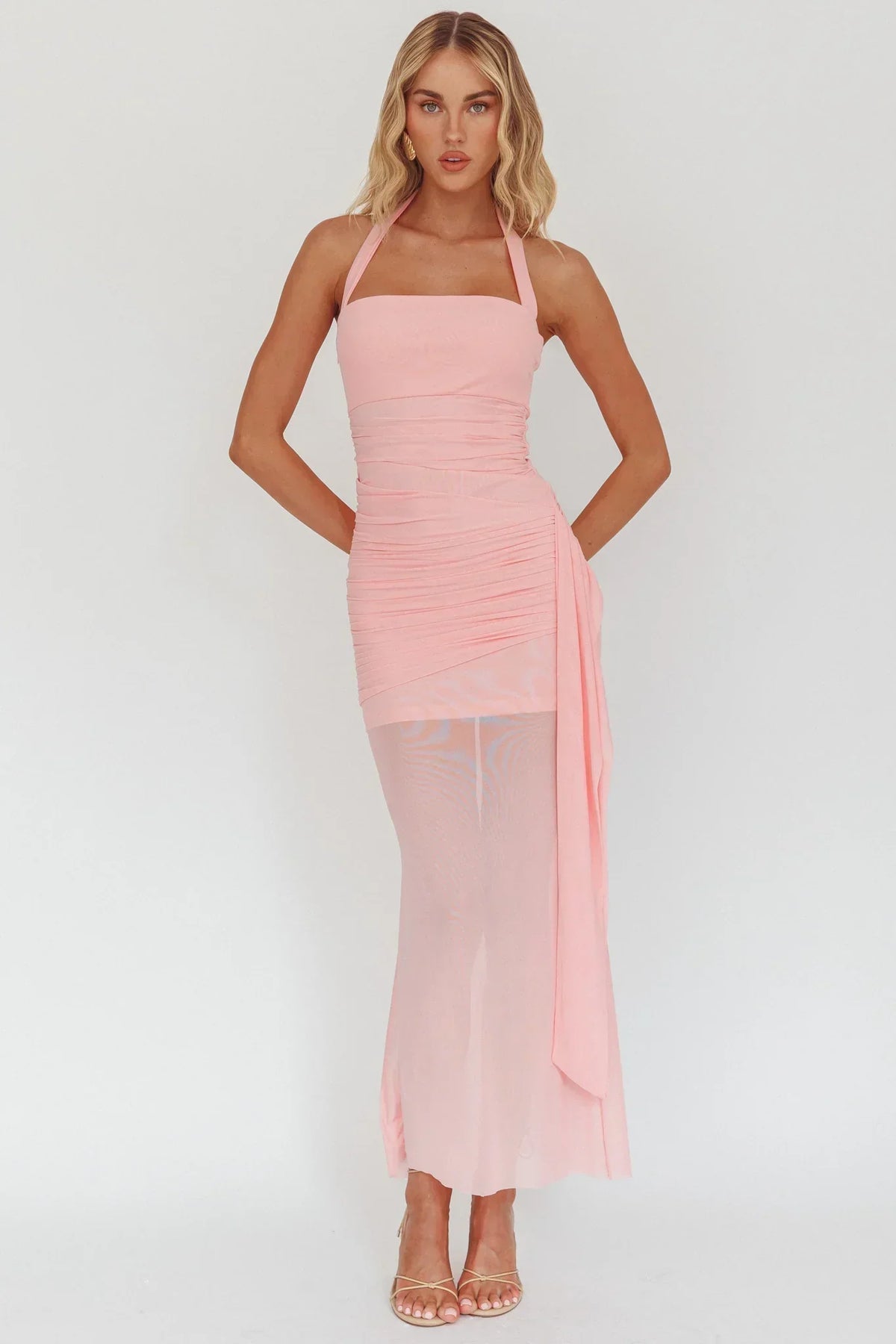 Mesh Halter Neck Ruched Side Drape Maxi Dress 2