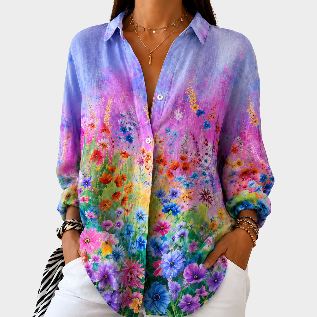 Collared Long Sleeve Floral Print Button Front Blouse