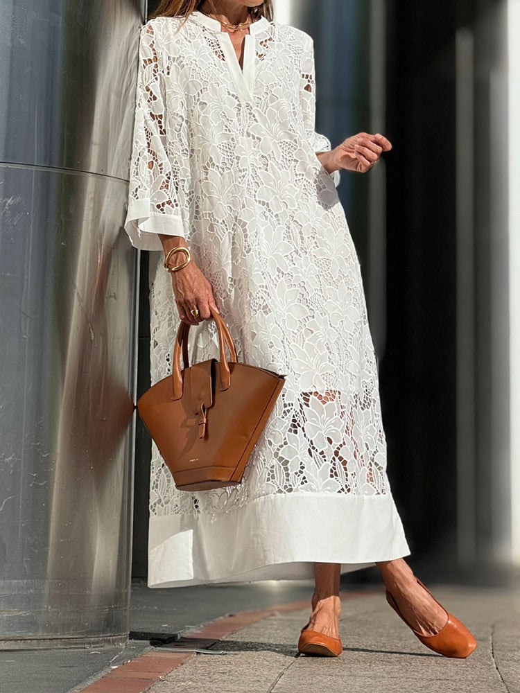Cutwork Lace V-Neck Three Quarter Sleeve Loose Maxi Dress