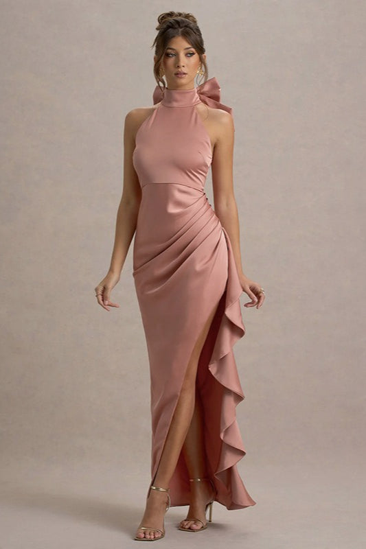 Satin High Neck Bow Back Ruched Ruffle High Split Gown