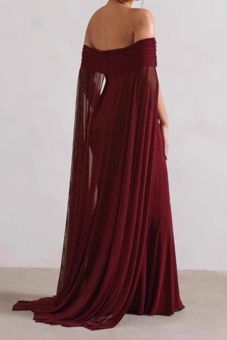 Off Shoulder Cape Sleeve Ruched Mermaid Gown