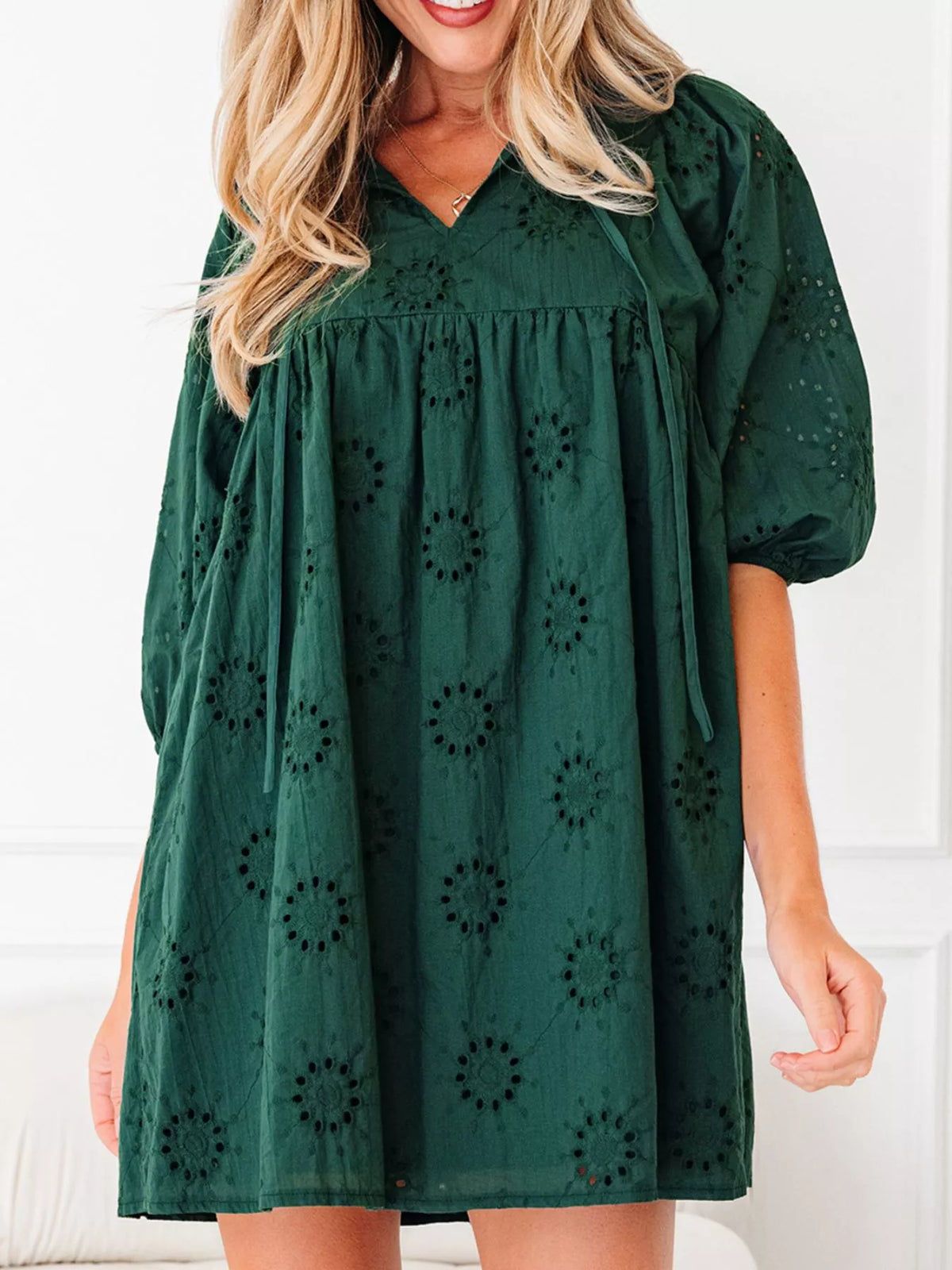 Eyelet Embroidered Tie Neck Puff Sleeve Swing Mini Dress 4