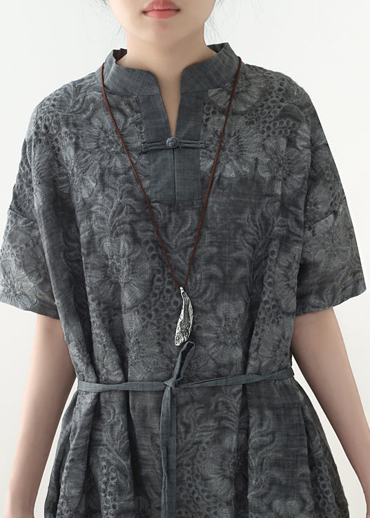 Floral Damask Mandarin Collar Short Sleeve Toggle Button Oversized Maxi Dress