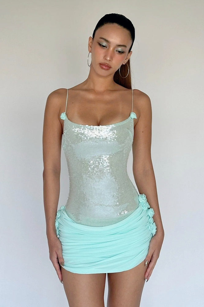 Sequin Spaghetti Strap Ruched Rosette Bodycon Mini Dress