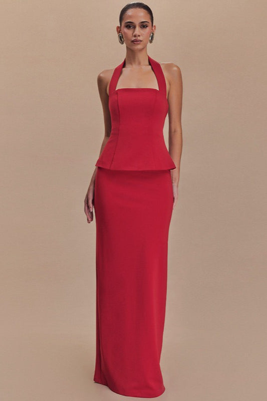 Halter Neck Backless Peplum Maxi Gown