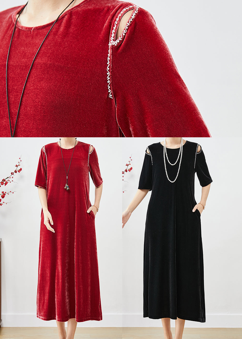 Velvet Cold Shoulder Cut Out Braided Trim Short Sleeve Midi Dress