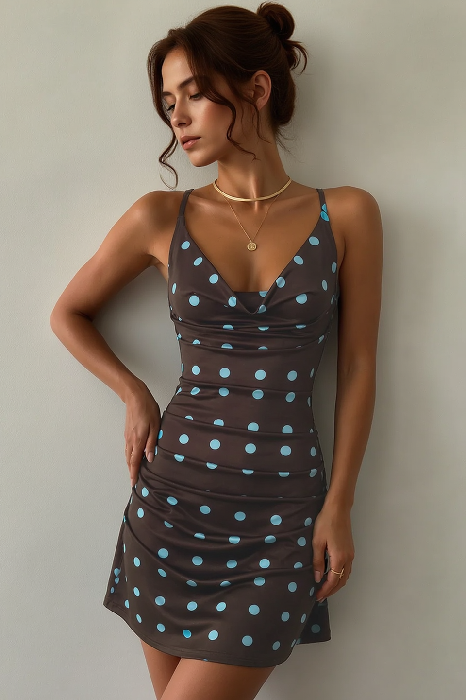 Polka Dot Cowl Cross Tie Back Mini Slip Dress