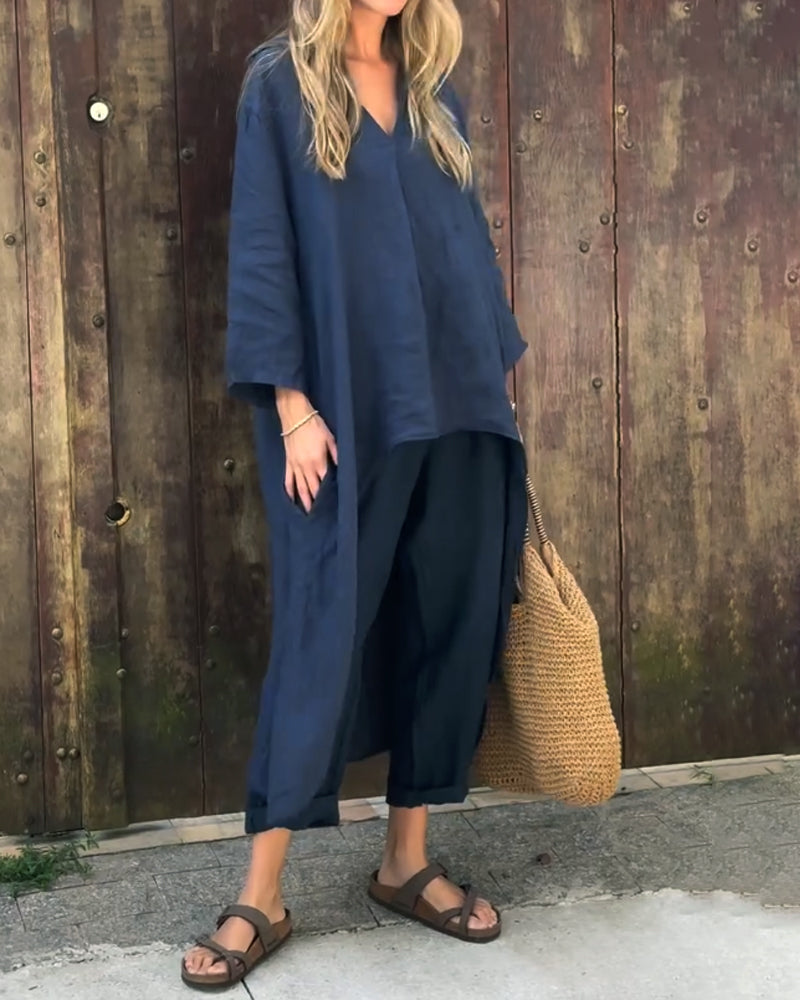 Long Sleeve V-Neck Tunic Top and Tapered Pants Two Piece Set