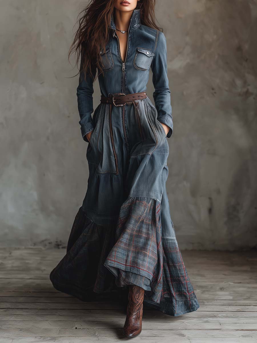 Denim Patchwork Maxi Dress With Plaid Hem