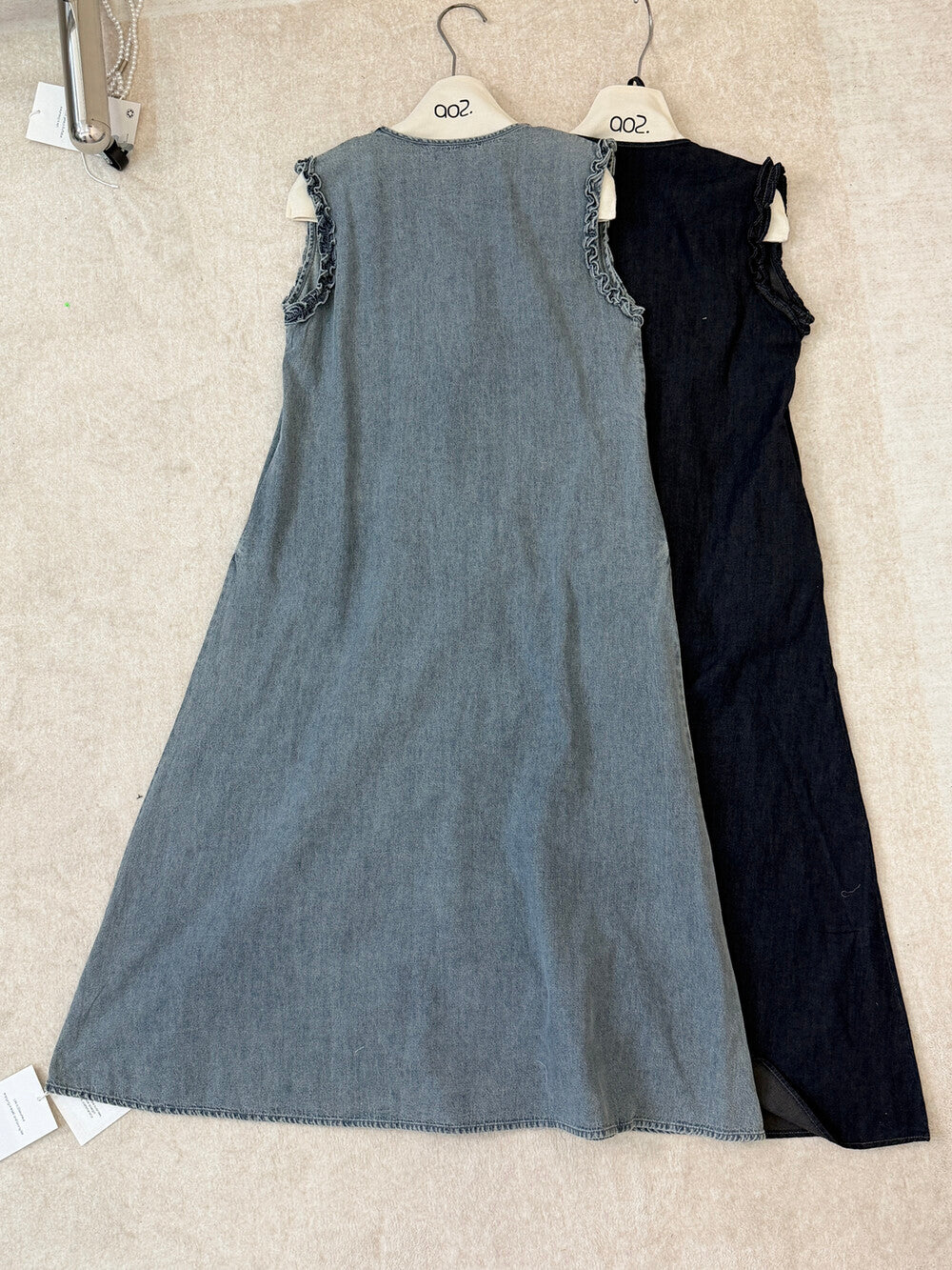 Faux Two Piece Denim Sleeveless Ruffle Trim A-Line Midi Dress 16