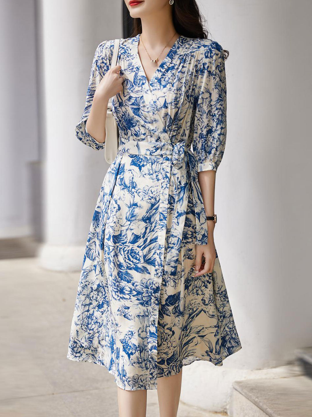 Toile Floral Print Wrap V-Neck Puff Sleeve Tie Waist A-Line Midi Dress