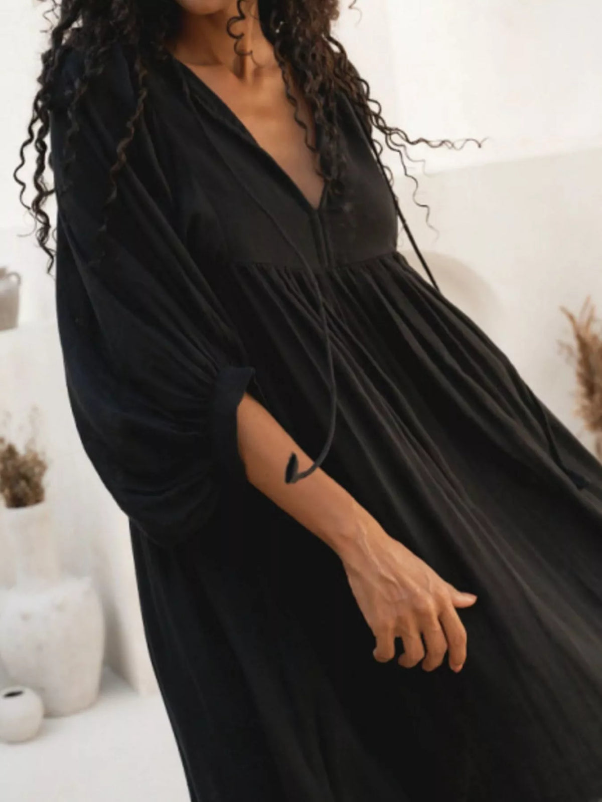 Split V-Neck Tie Neck Puff Sleeve Smock Midi Dress 12