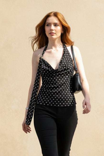 Polka Dot Cowl Neck Halter Scarf Tie Cami Top
