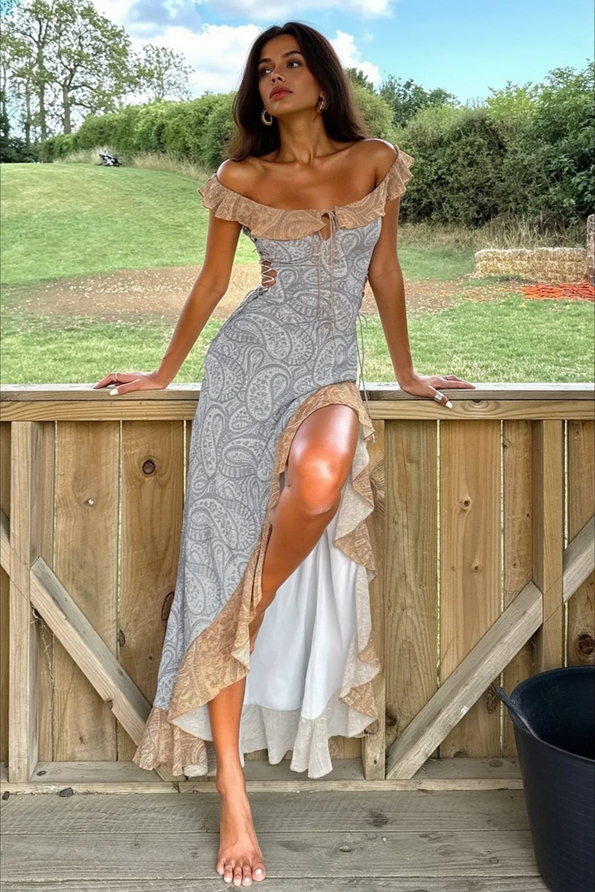 Sexy Off Shoulder Ruffled High Slit Spaghetti Strap Party Dress