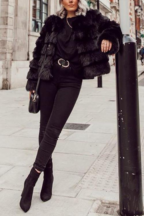 Layer O Neck Faux Fur Coat