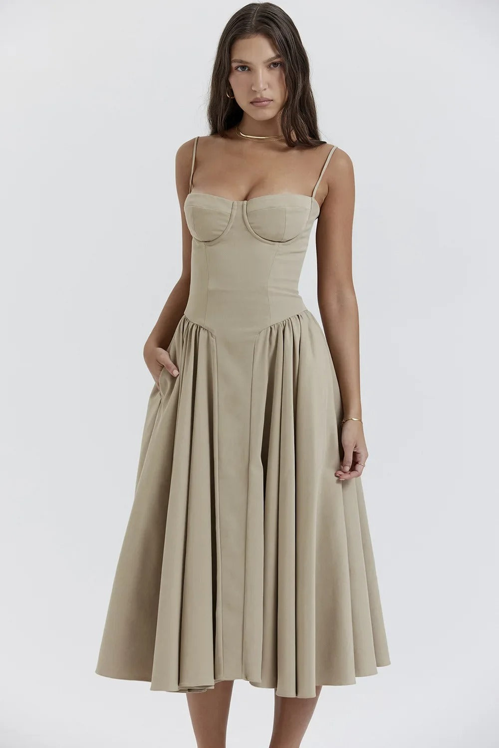 Milagros Premium Open-Shoulder Midi Dress with a Corset Fit Elevated Occasion Wear