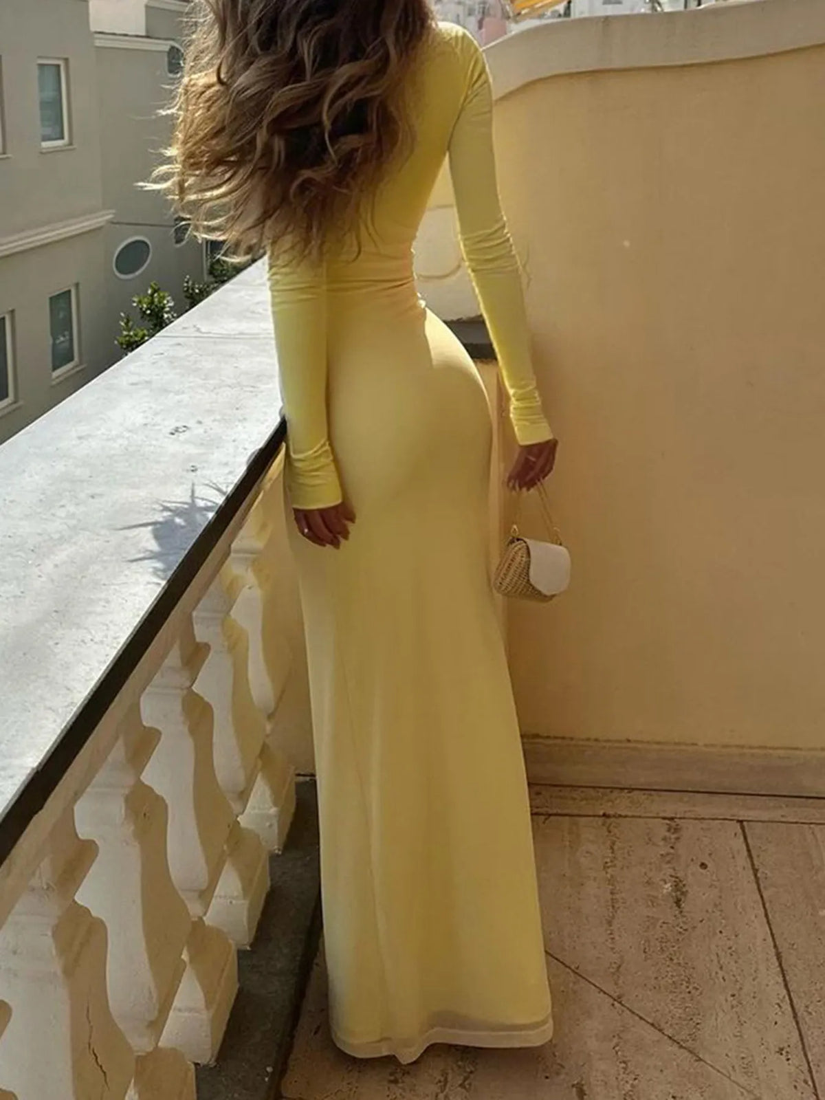 Deep V-Neck Long Sleeve Lettuce Trim Bodycon Maxi Dress 6