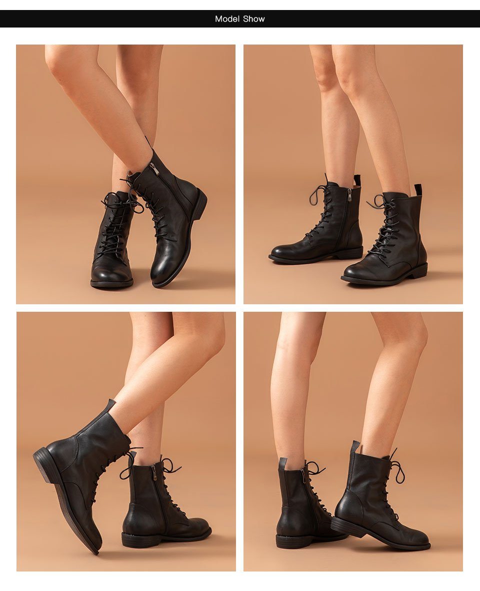 Ankle Boots Women Genuine Cow Leather Waxing Round Toe Lace Up Zip Fashion Motorcycle Female Shoes Handmade