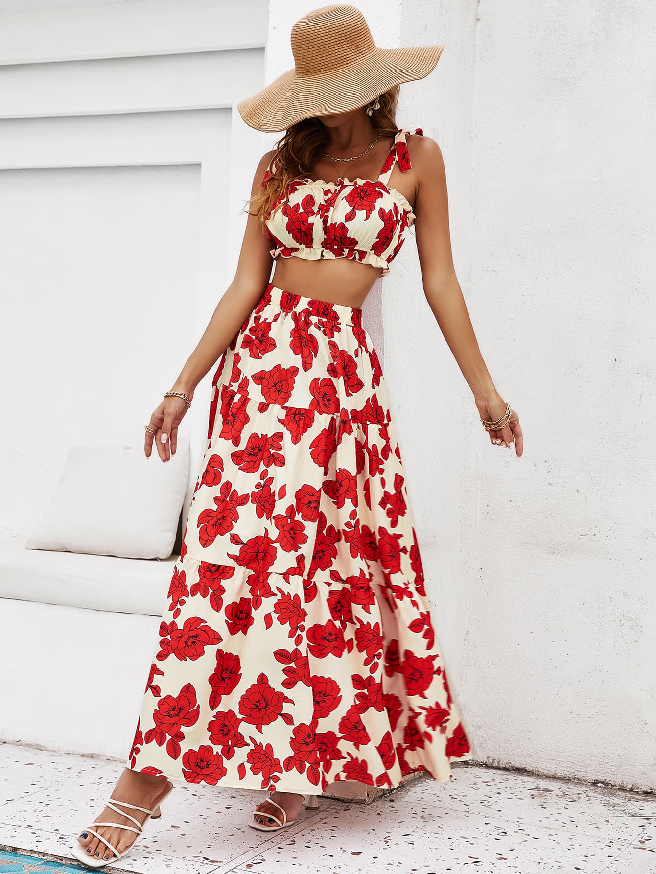 Skirt Tie Tiered Top With Full-Length Flowered Shoulder Set