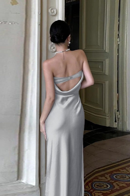 Satin Strapless Ruched Waist Side Drape Floor Length Gown