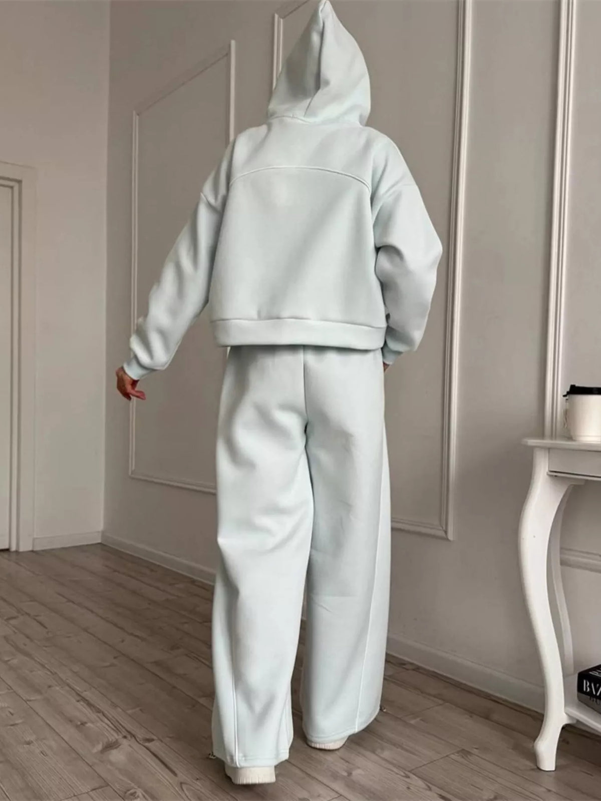 Fleece Zip Front Cropped Hoodie and Drawstring Hem Joggers Two Piece Set 21