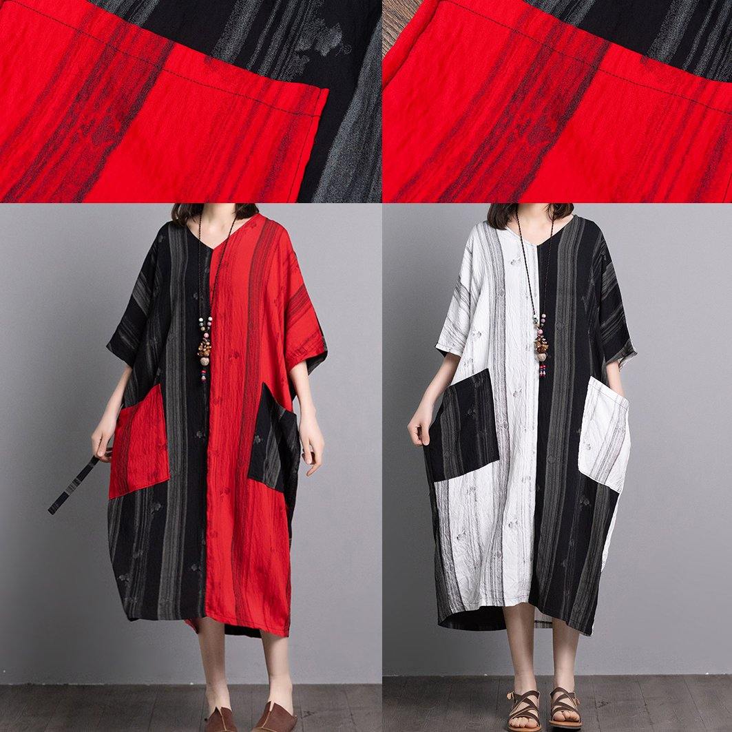 V-Neck Short Sleeve Contrast Patch Pocket Vertical Stripe Panel Oversized Midi Dress