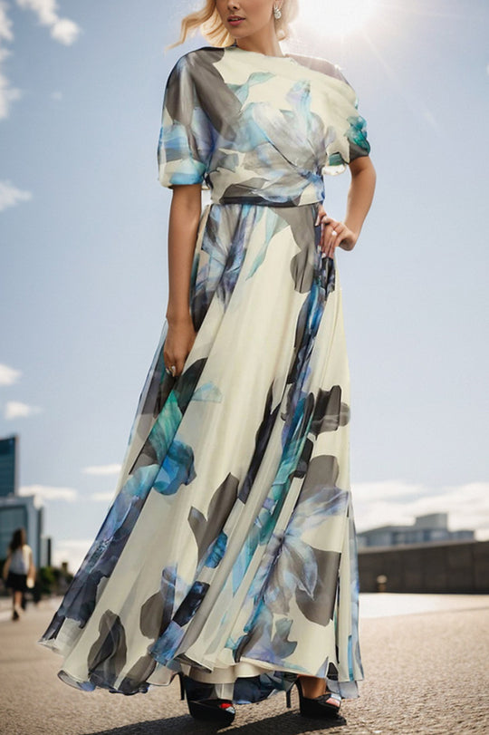 Sandy Aesthetic Unique Printed Bohemian Short Sleeve One Shoulder Maxi Dress Premium Edit