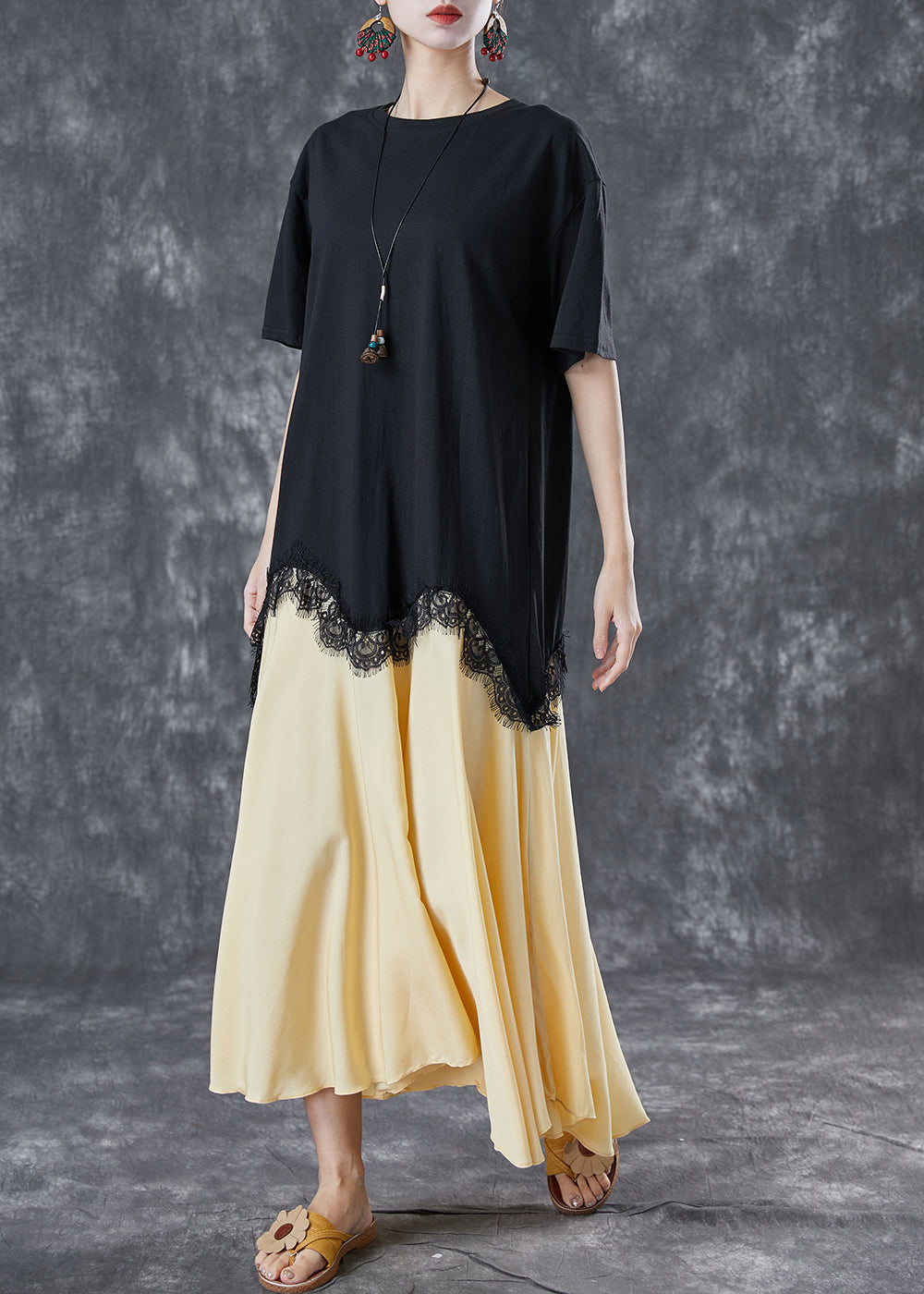 Faux Two Piece Scalloped Lace Trim Pleated A-Line Midi Dress