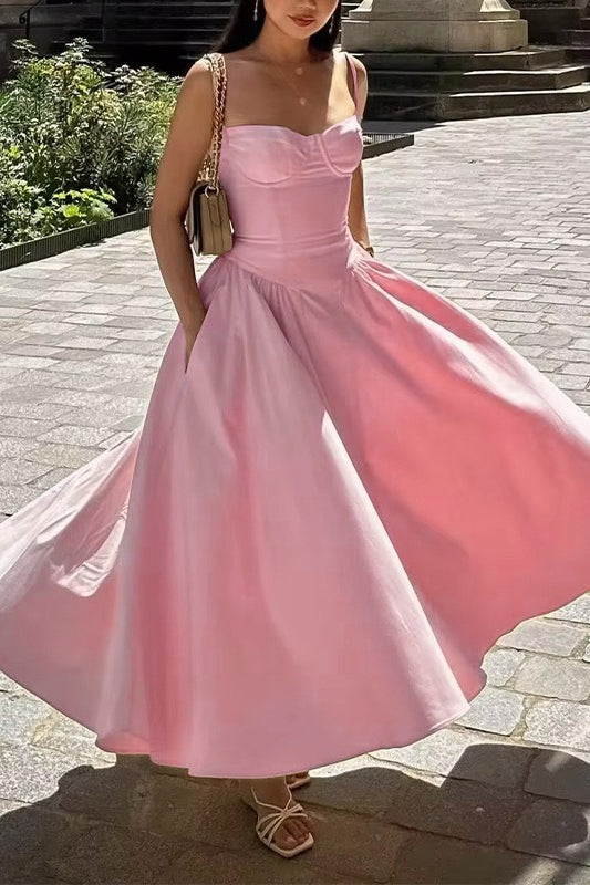 Satin Sweetheart Wide Strap Fit and Flare Midi Dress