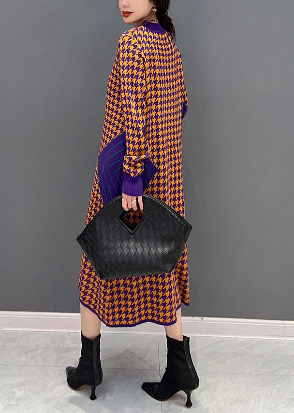 Houndstooth Mock Neck Long Sleeve Side Panel Knit Midi Dress