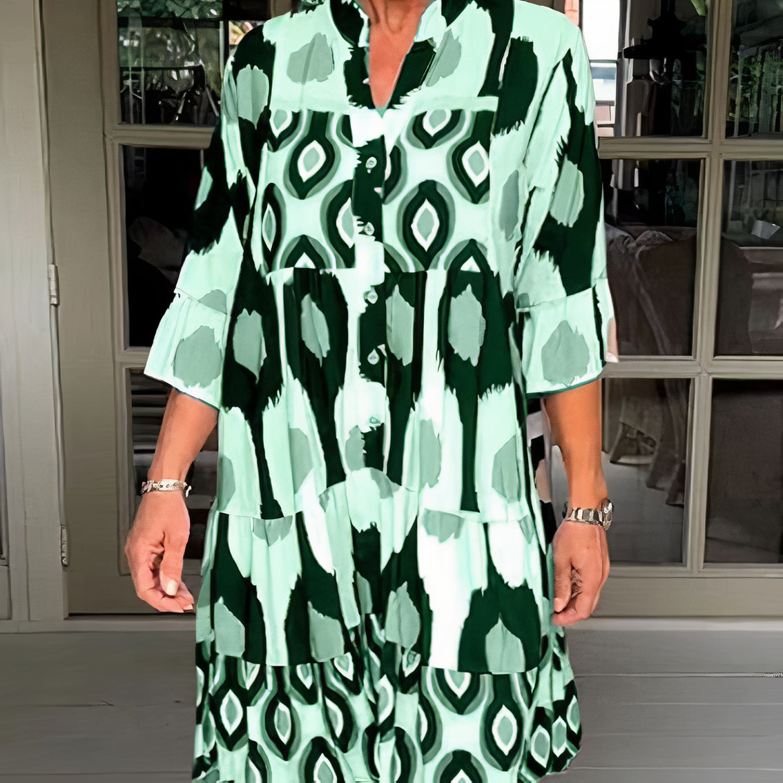 Tiered Mandarin Collar Button Front Three Quarter Sleeve Ruffle Cuff Midi Summer Dress