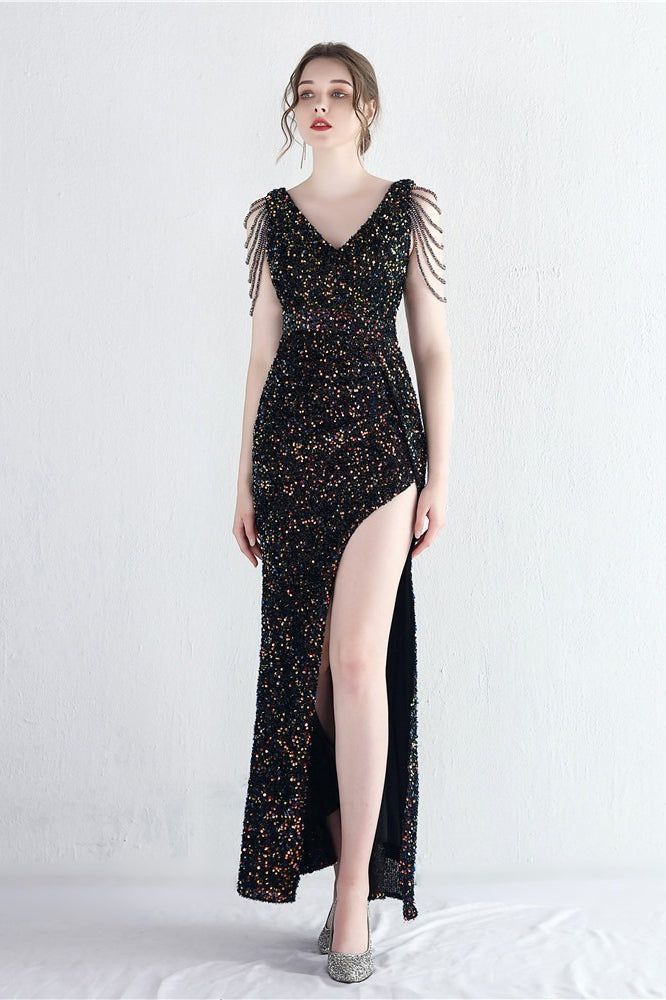 Sequin V-Neck Beaded Fringe High Split Mermaid Gown