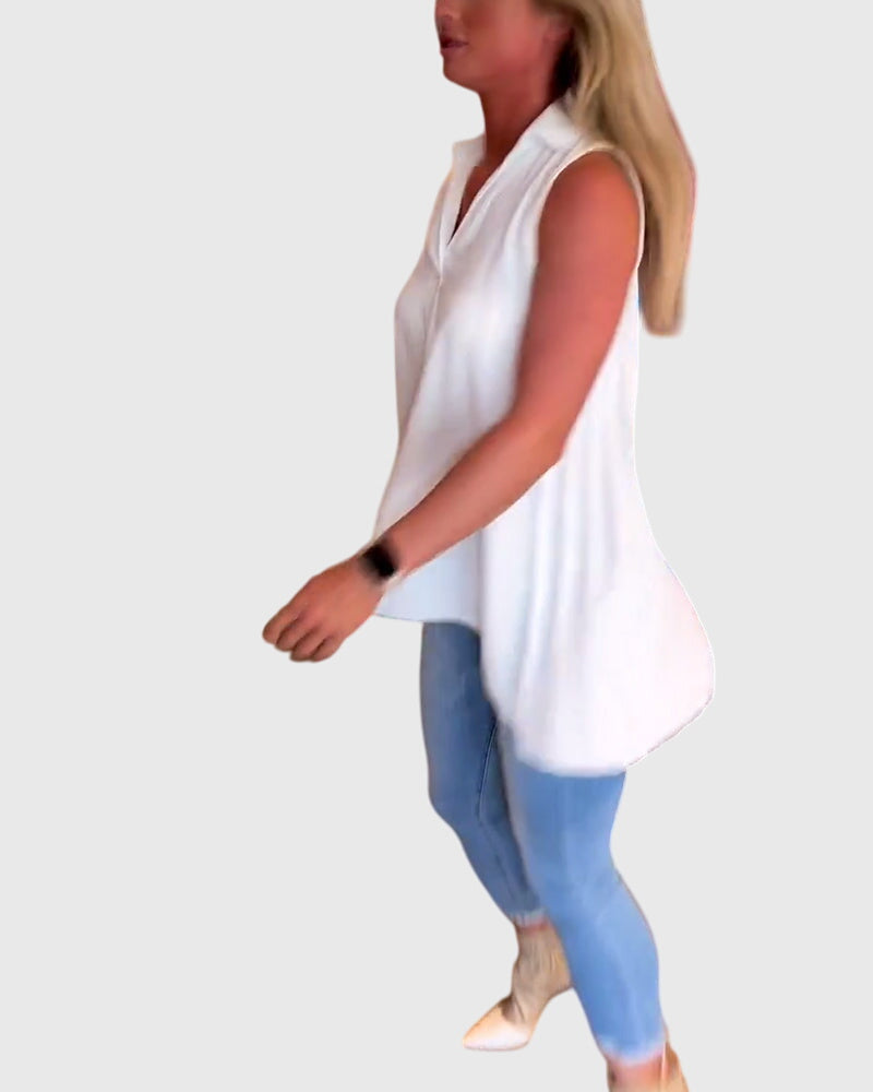 Collared Sleeveless High Low Blouse