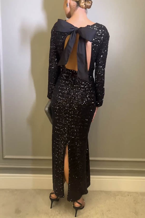 Sequin Long Sleeve Backless Bow Maxi Dress