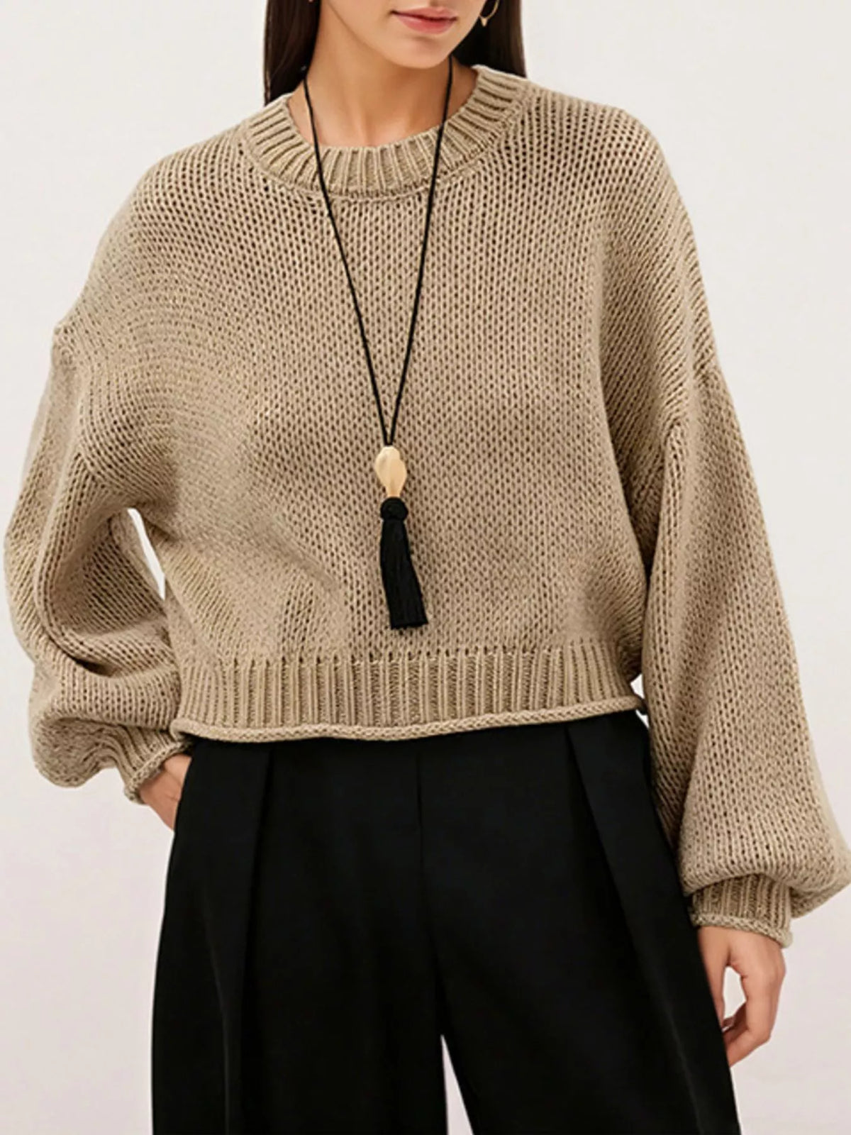 Oversized Crew Neck Balloon Sleeve Chunky Knit Sweater 11