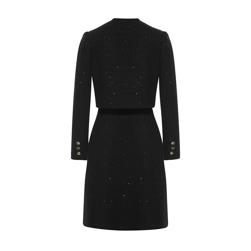 Tweed Collarless Button Front Patch Pocket Long Sleeve Mini Coat Dress