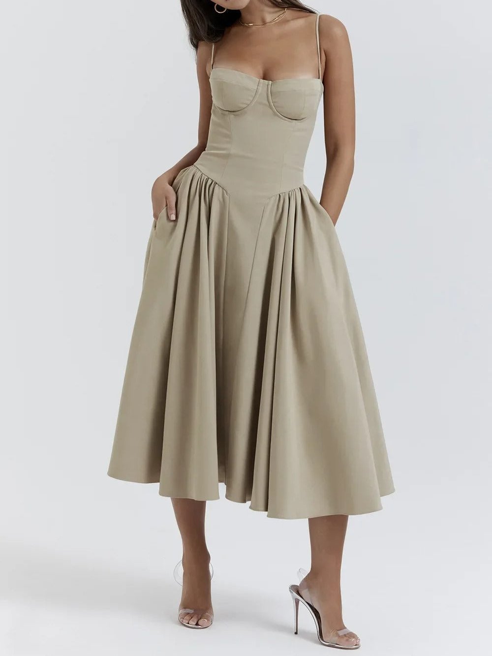 Spaghetti Strap Sweetheart Corset Fit and Flare Midi Dress